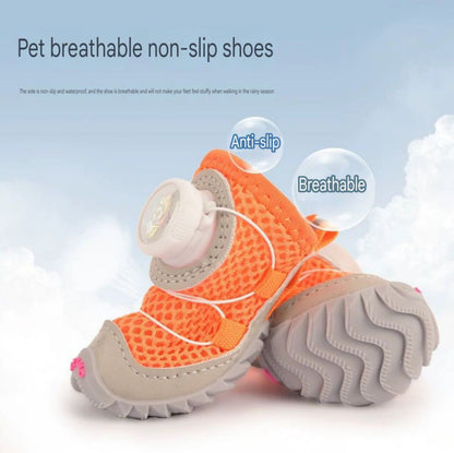 Pet breathable non-slip shoes with anti-slip and breathable features on a light blue background