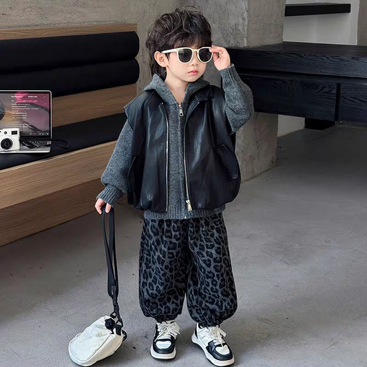 Boys 3-Piece Korean leopard Style Outfit Set 2026 | Leather Vest, Sweater & Pants
