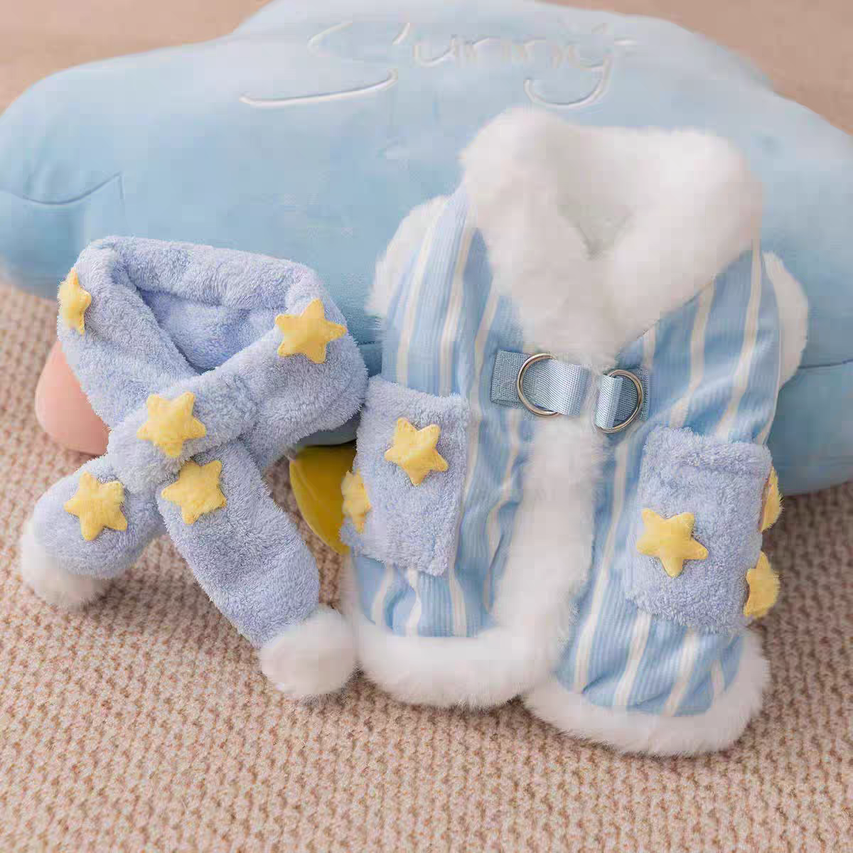 New autumn/winter dog cat clothes, starry striped scarf, leash vest