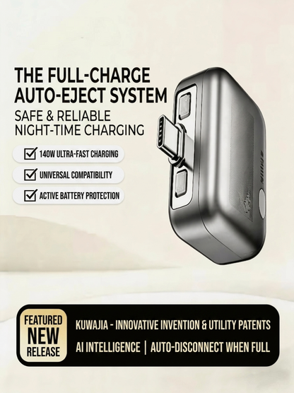 Power bank with charging features and text on a beige background