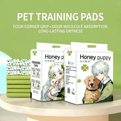 Pet training pads with cartoon characters on packaging against a green background