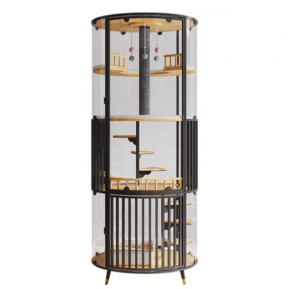 Pet playpen with wooden platforms and a central cylindrical structure on a white background