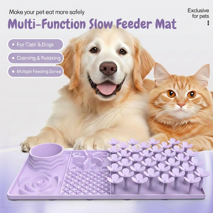 Purple multi-function slow feeder mat for pets with a dog and cat sitting behind it on a light gray background.