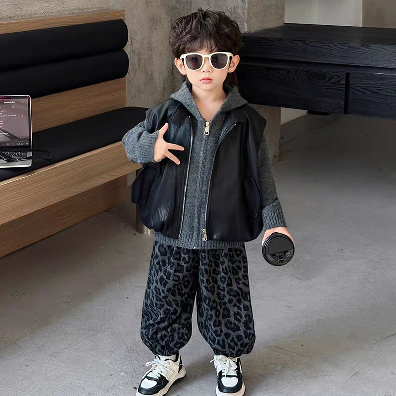 Boys 3-Piece Korean leopard Style Outfit Set 2026 | Leather Vest, Sweater & Pants