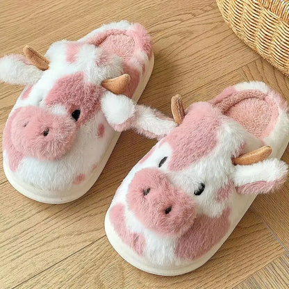 Cute Plush Cow Slippers – Soft Kawaii Animal House Shoes for Women, Girls & Kids | Cosy Home Slippers